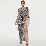 Women's zebra pattern short-sleeved v-neck high waist slit sexy nightclub dress