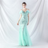 feather sequin Patchwork Mesh luxury evening dress