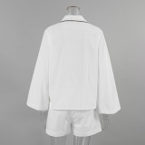 Casual Fashion Women's Summer Linen Black White Contrast long sleeve Shirt Shorts Two-Piece Set