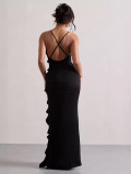 Summer Women's Sexy V-Neck strap Ruffle Slit Low Back Dress