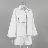 Casual Fashion Women's Summer Linen Black White Contrast long sleeve Shirt Shorts Two-Piece Set