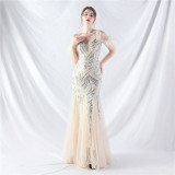 feather sequin Patchwork Mesh luxury evening dress