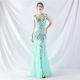 Sequin Patchwork Mesh Strap evening dress