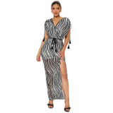 Women's zebra pattern short-sleeved v-neck high waist slit sexy nightclub dress