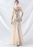 Sequin Patchwork Mesh Strap evening dress