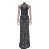 Fashionable Women's Solid Color Mesh Beaded Long Dress