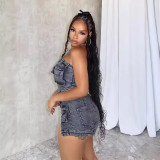 pocket Strapless Slit elastic two piece denim shorts set