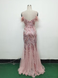 feather sequin Patchwork Mesh luxury evening dress