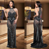 Fashionable Women's Solid Color Mesh Beaded Long Dress