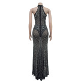 Fashionable Women's Solid Color Mesh Beaded Long Dress