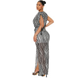 Women's zebra pattern short-sleeved v-neck high waist slit sexy nightclub dress