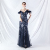 feather sequin Patchwork Mesh luxury evening dress