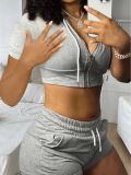 Women's Solid Color Zipper sports hooded Short Sleeve two piece shorts set