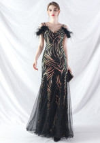 feather sequin Patchwork Mesh luxury evening dress
