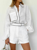 Casual Fashion Women's Summer Linen Black White Contrast long sleeve Shirt Shorts Two-Piece Set