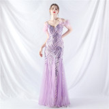 feather sequin Patchwork Mesh luxury evening dress