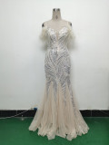 feather sequin Patchwork Mesh luxury evening dress