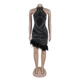 Sexy Beaded feather sleeveless Bodycon club dress