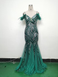 feather sequin Patchwork Mesh luxury evening dress