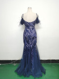 feather sequin Patchwork Mesh luxury evening dress