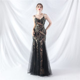 Sequin Patchwork Mesh Strap evening dress