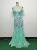 feather sequin Patchwork Mesh luxury evening dress