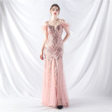 feather sequin Patchwork Mesh luxury evening dress