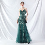 Sequin Patchwork Mesh Strap evening dress