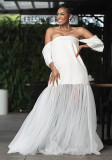 Women's summer off-shoulder short-sleeved white mesh maxi dress