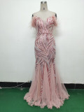 feather sequin Patchwork Mesh luxury evening dress