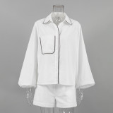 Casual Fashion Women's Summer Linen Black White Contrast long sleeve Shirt Shorts Two-Piece Set