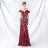 feather sequin Patchwork Mesh luxury evening dress