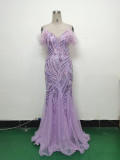 feather sequin Patchwork Mesh luxury evening dress