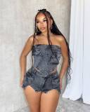 pocket Strapless Slit elastic two piece denim shorts set