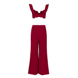 Women summer Holidays Solid sexy suspender Top and Casual Wide Leg Pants Two-Piece Set