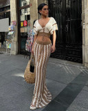 Summer Women sexy V-neck hollow striped knitting Top and Long Skirt