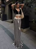 Summer Women sexy V-neck hollow striped knitting Top and Long Skirt