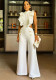 Women Summer Solid Round Neck Ruffle Wide Leg Jumpsuit