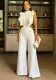Women Summer Solid Round Neck Ruffle Wide Leg Jumpsuit