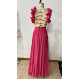 Women Summer Chiffon Flower Dress Backless Cross Pleated Evening Dress