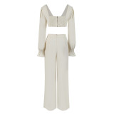 Women Solid Long Sleeve V-Neck Backless Top and Wide Leg Pants Two-Piece Set