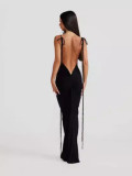 Women pleated sexy Backless Suspender Solid Maxi Bodycon Dress