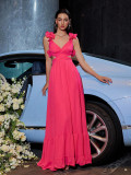 Women Summer Chiffon Flower Dress Backless Cross Pleated Evening Dress