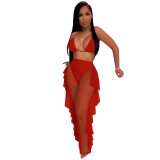 Women Solid See-Through Mesh Suspender Top and Pants Set with Underwear