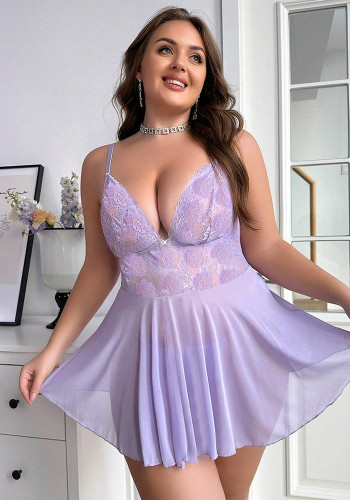 Plus Size Women Purple Lace Dress Sexy Lingerie