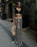 Summer Women sexy V-neck hollow striped knitting Top and Long Skirt