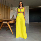 Women summer Holidays Solid sexy suspender Top and Casual Wide Leg Pants Two-Piece Set