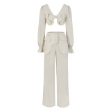 Women Solid Long Sleeve V-Neck Backless Top and Wide Leg Pants Two-Piece Set