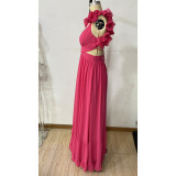 Women Summer Chiffon Flower Dress Backless Cross Pleated Evening Dress