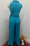 Women Summer Turndown Collar Solid Wide Leg Jumpsuit